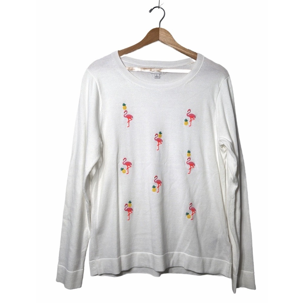 J.Crew 100% Cotton Teddie Sweater Large White Flamingo Pineapple Embroidered